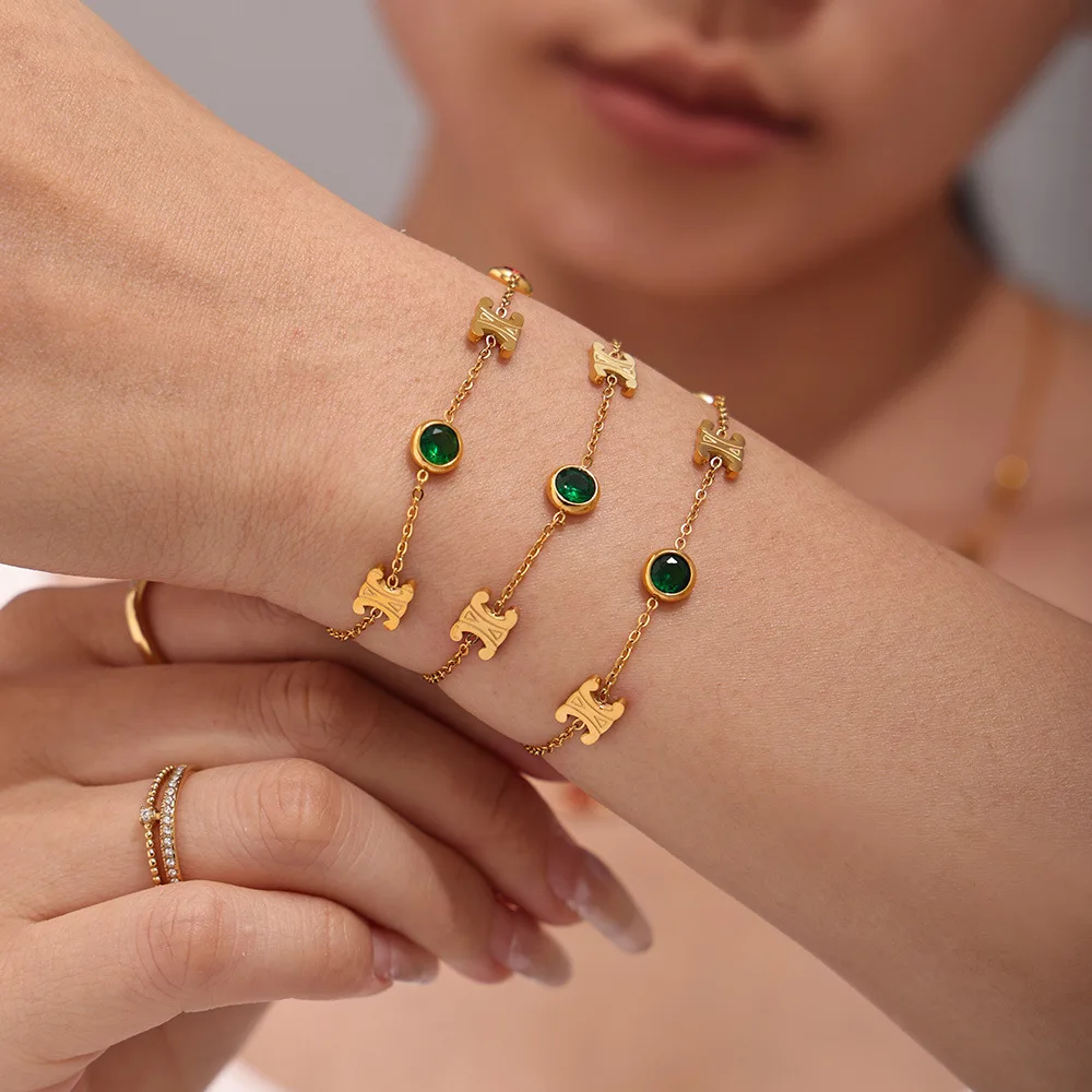 New Colored Diamond Set Necklace Bracelet Jewelry Set Stainless Steel Gold Plated Luxury