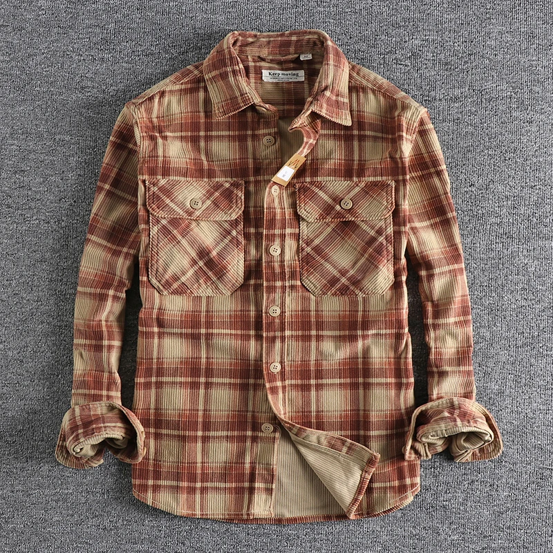 Autumn New American Retro Long-Sleeve Lapel Corduroy Plaid Shirt Men\'s Fashion 100% Cotton Washed Double Pocket Casual Blouses