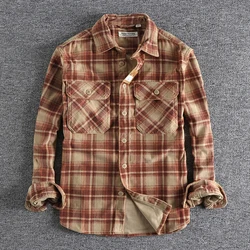 Autumn New American Retro Long-Sleeve Lapel Corduroy Plaid Shirt Men's Fashion 100% Cotton Washed Double Pocket Casual Blouses