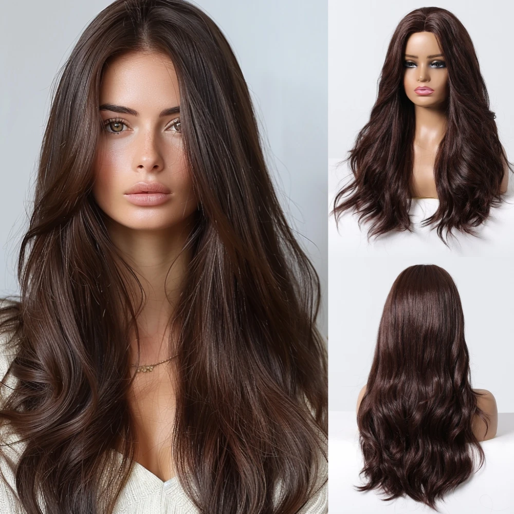 Blend Human Hair Wigs Long Body Wavy Chocolate Brown Human Hair Blend Wigs Hand Tied Hairline Lace Wig for Women Daily Use