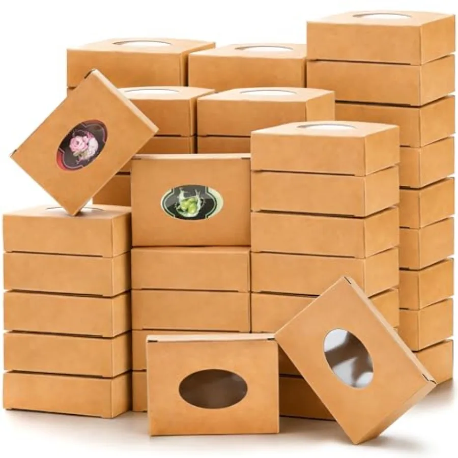 

100 Pack ap Boxes for Handmade ap, Paper Treat Boxes with Clear Window, Kraft ap Making Supplies Packaging for Bakery, Candy, J