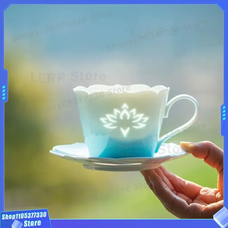 Jingdezhen High Temperature Ceramic Tea Cup Blue Lotus Gradient Glaze Porcelain Coffee Mug with Saucer Elegant Water Cup for
