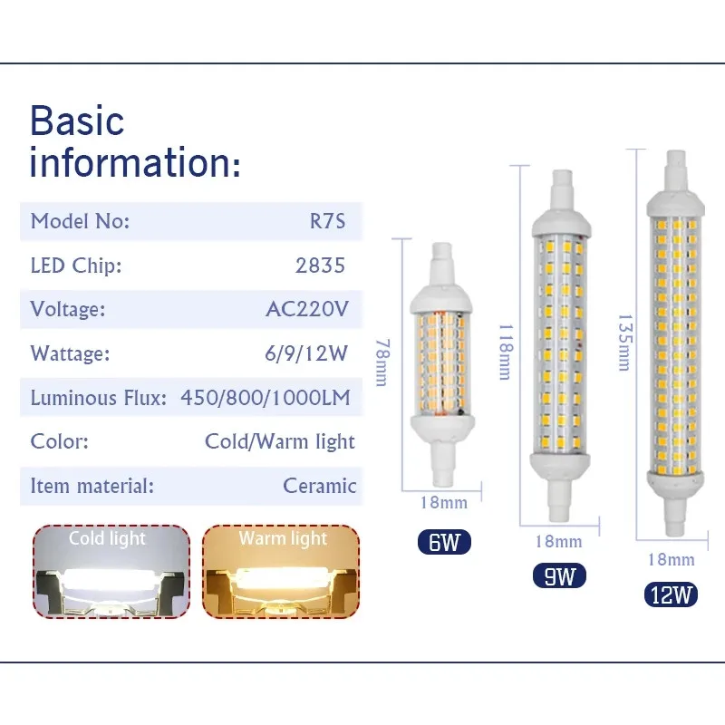 Ampoule LED R7S, lampe LED de remplacement halogène, 118 V, 78mm, 135mm, 2835mm, 6w, 9w, 12w, SMD 220