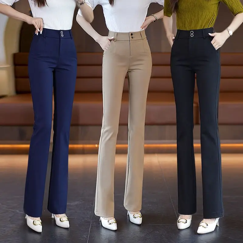 Women\'s Clothing Spring Autumn Solid Color High Waisted Button Pockets Casual Elegant Trousers Straight Office Lady Pants