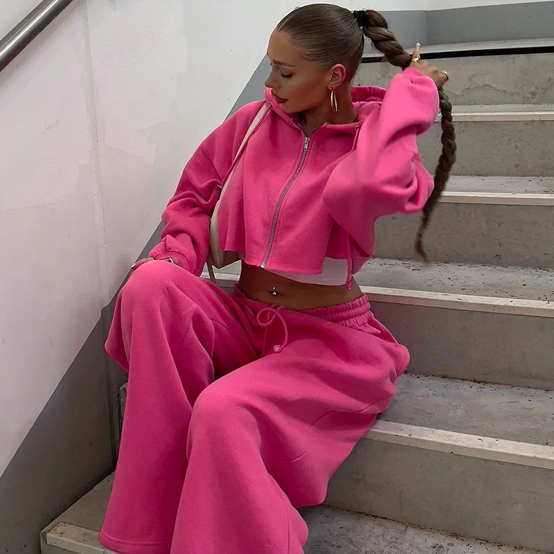 Fashionable Autumn Winter New Women's Sports Suit Sexy Navel Zipper Open-clad Hooded Short Top Casual Solid Color Trousers Suit