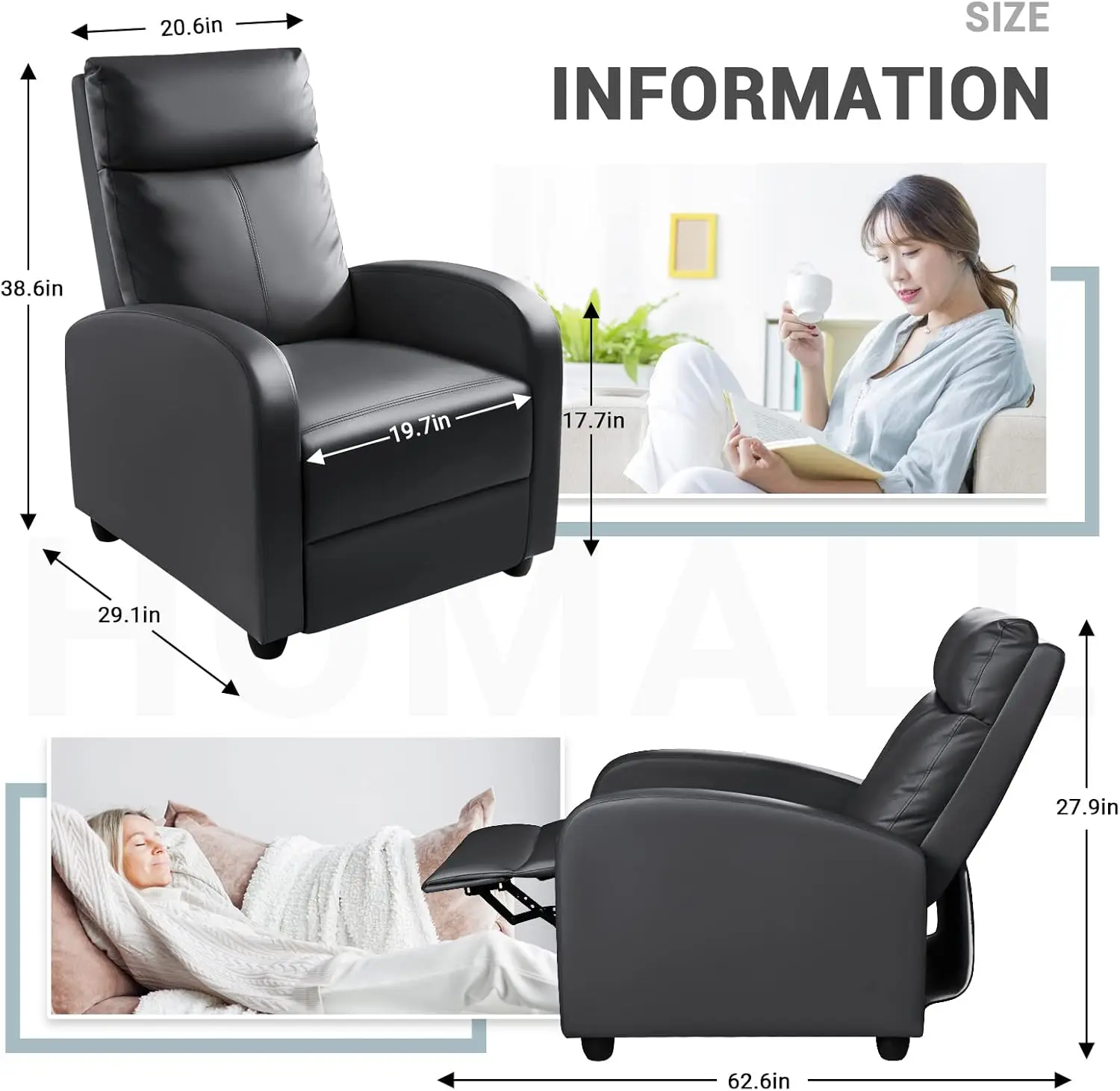 Recliner Chair, Recliner Sofa PU Leather for Adults, Recliners Home Theater Seating with Lumbar Support, Reclining Sofa Chair