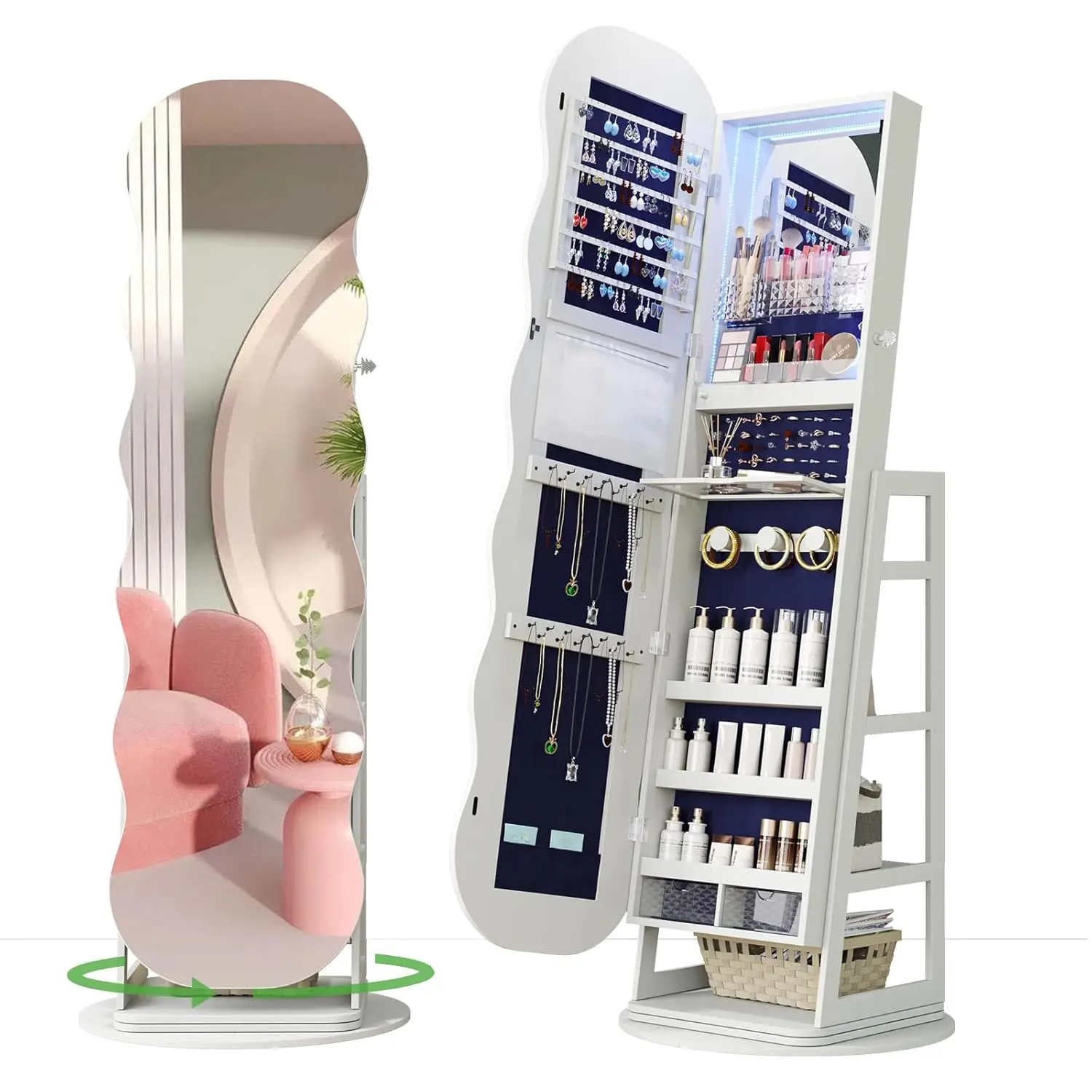 

360° Swivel Jewelry Cabinet with Lights, LED Jewelry Armoire with Mirror, Wavy Wide Full-Length Mirror with Storage, Customized