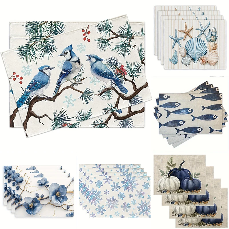 Seasonal Farmhouse Blue Bird Seashell Flower Table Placemats Snowflake Pumpkin Home Dining Table Decoration Mats 4/6/8PCS