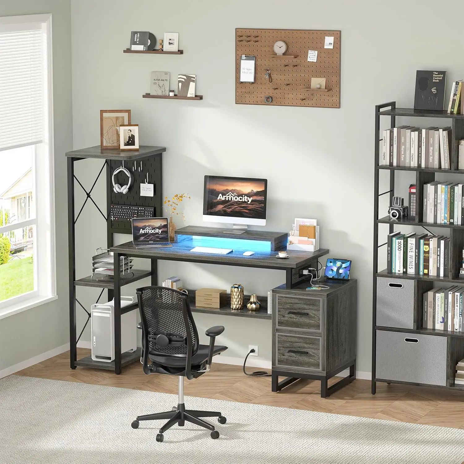 Computer Desk with 2 Fabric Drawers - Power Outlet & LED Lights,Monitor Stand & Storage Shelves