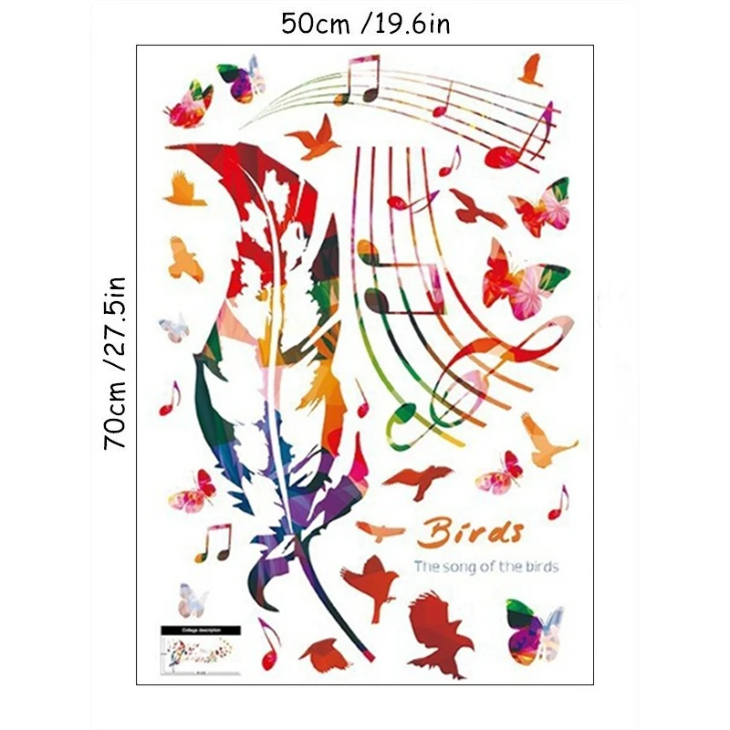 Feather Musical Note Vinyl Wall Stickers for Living Room Kids Bedroom Home Decoration Cartoon Butterfly Bird Romantic Wallpaper