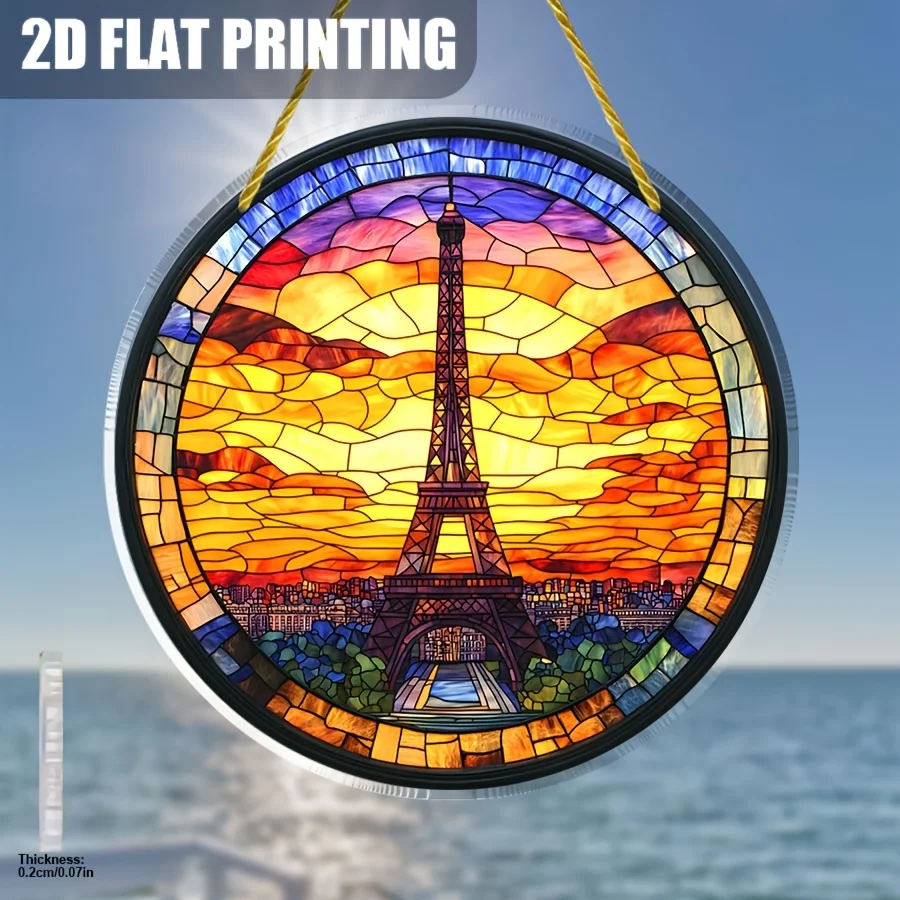 2D Flacher, 1-teiliger Pariser Eiffelturm-Sonnenfänger - Runde Acryl-Wanddekoration mit Ikonischem Wahrzeichen, Französisches Fensterornament für Zuhause, Tür
