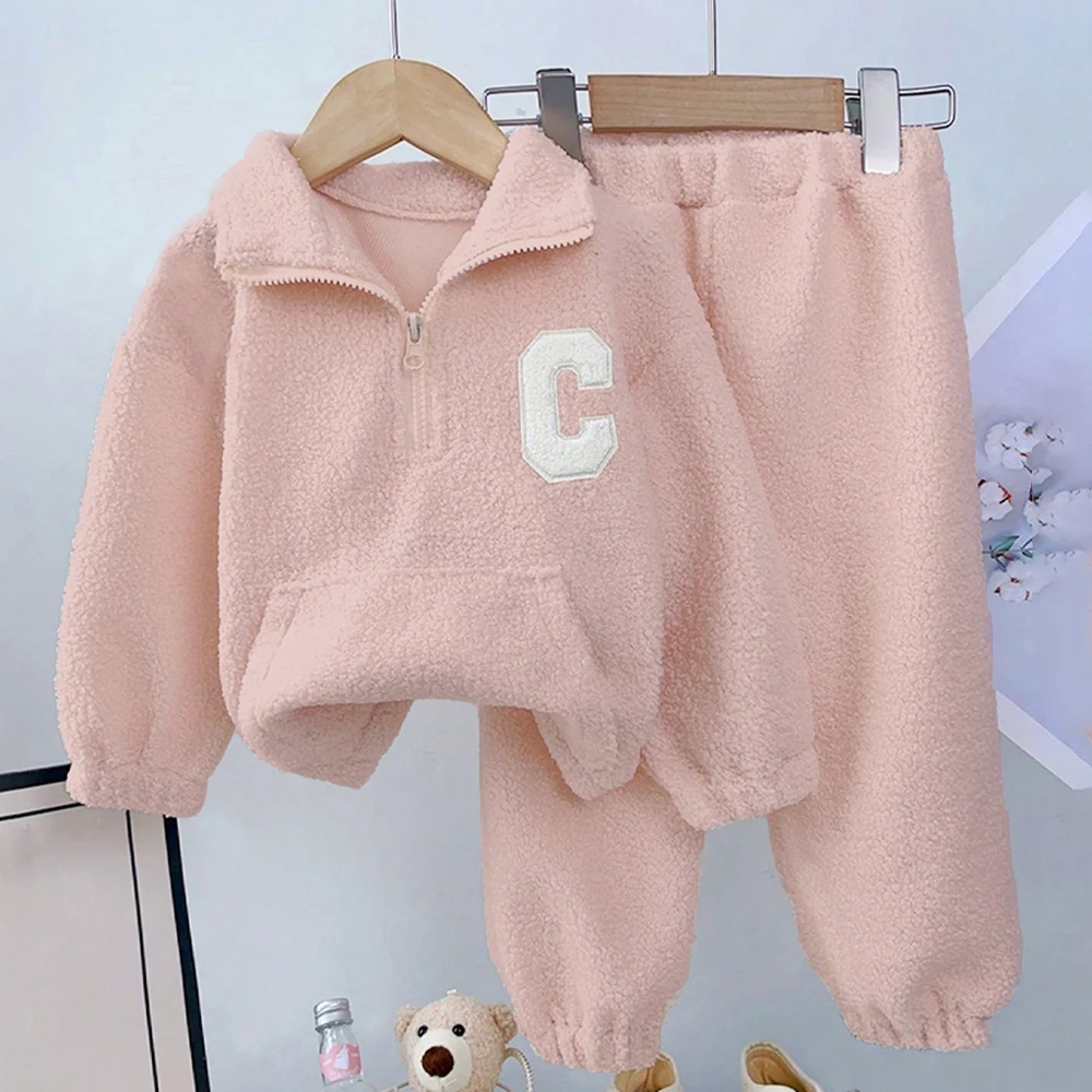 Autumn and Winter New Lamb Fleece Standing Collar Pullover Top+Pants Two Piece Warm and Casual Solid Colors Girls' Clothes