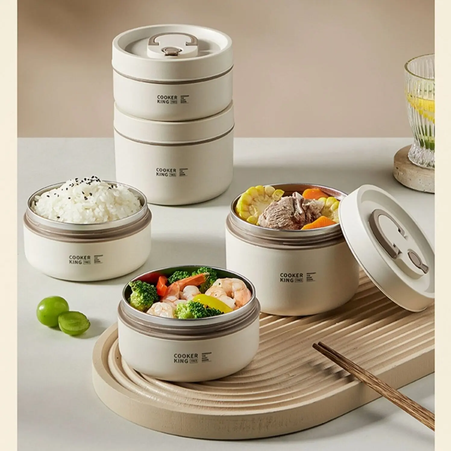 COOKER KING 304 Edelstahl Lunchbox-Set 3-5 Teile Auslaufsicher Isoliert, Lebensmittelecht Mikrowellengeeignet mit Thermotasche