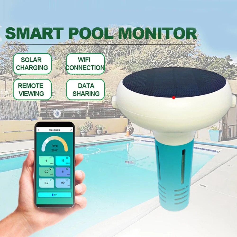Solar Powered Swimming Pool Water Tester 7 IN 1 PH ORP EC TDS Salt Temp CL Tester Smart Chlorine Meter for Swimming Pool