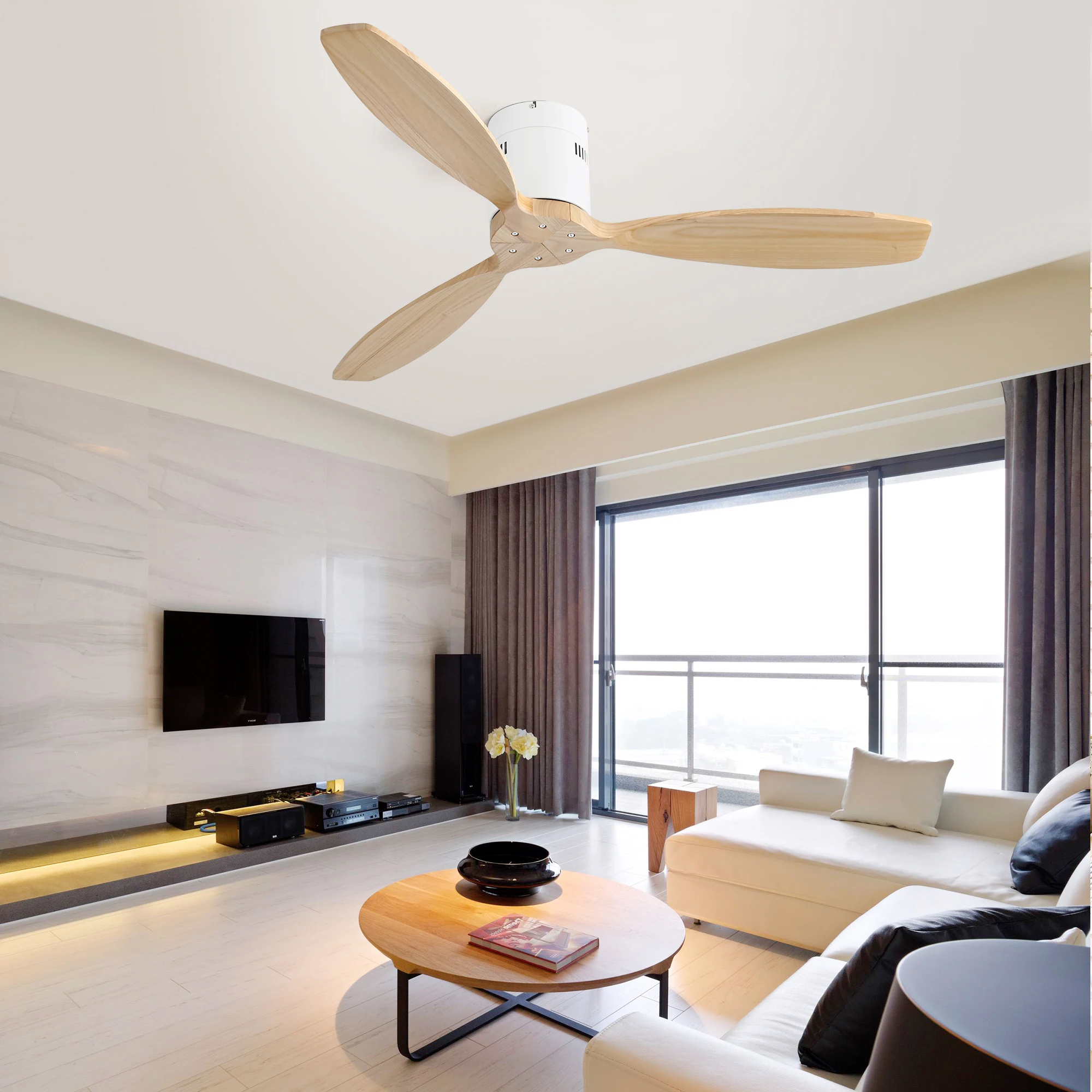 52 Inch Decorative Solid Wood Ceiling Fan Without Light 6 Speed Remote Control Reversible DC Motor For Home