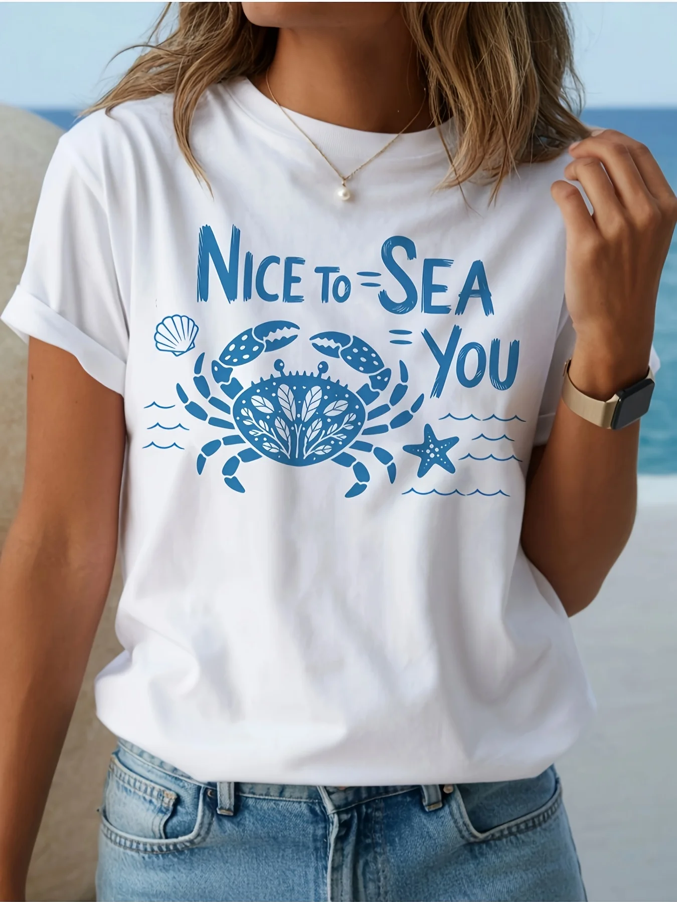 Nice To Sea You Crab T Shirt Women Cute Ocean Beach Starfish Graphic Tee Coastal Nautical Casual Short Sleeve Summer White Tops
