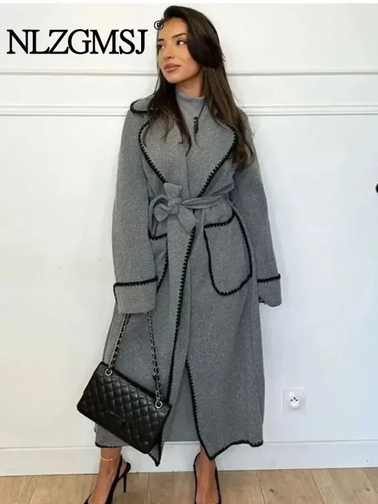 

Nlzgmsj TRAF Winter Coat Women 2024 Belt Woolen Coats For Women Pockets Long Jacket Women Autumn New In Outerwear