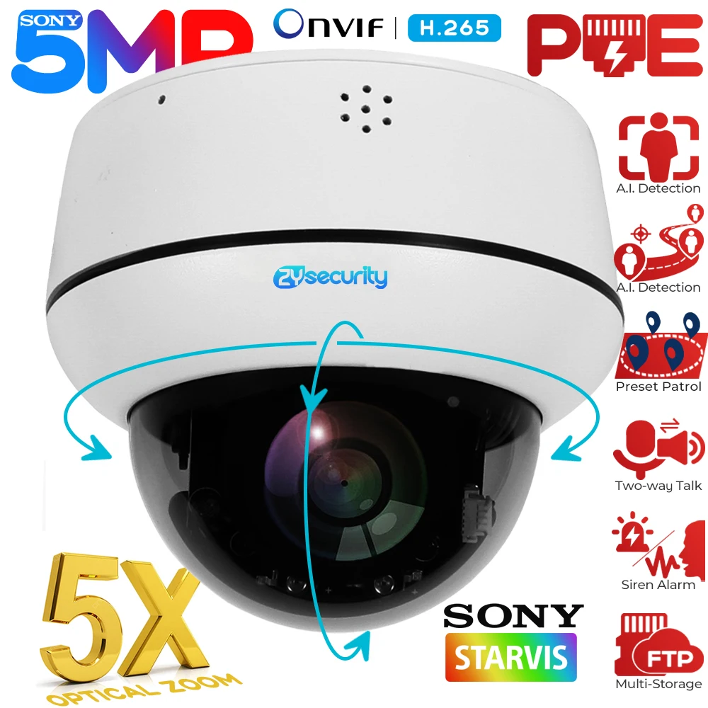 5MP PoE Dome Security Camera Outdoor 5X Optical Zoom Human Detect Auto Tracking IP PTZ 2-way Audio Wired Network Cameras CamHi