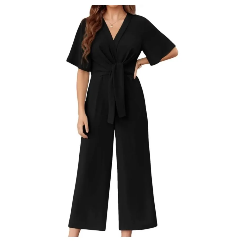 Sexy diepe v-hals chique rompertjes met veters voor dames nieuwe zomerstijl casual en elegant losse wijde pijpen vrouwelijke jumpsuit 2025