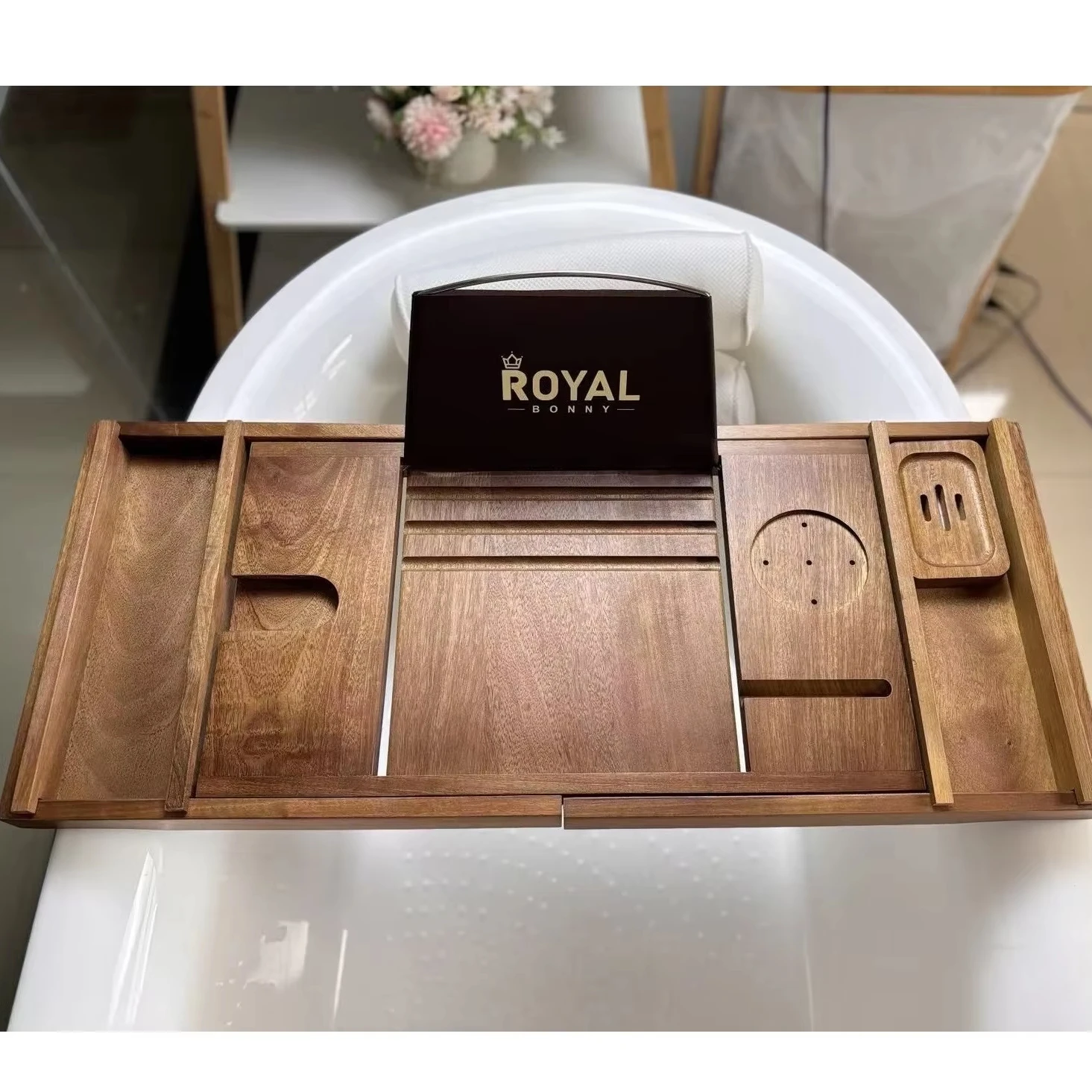 

Adjustable Wooden Bathtub Tray with Extendable Design - Natural Teak Bath Caddy for Books, Wine & Tablet, Fits All Bathtubs