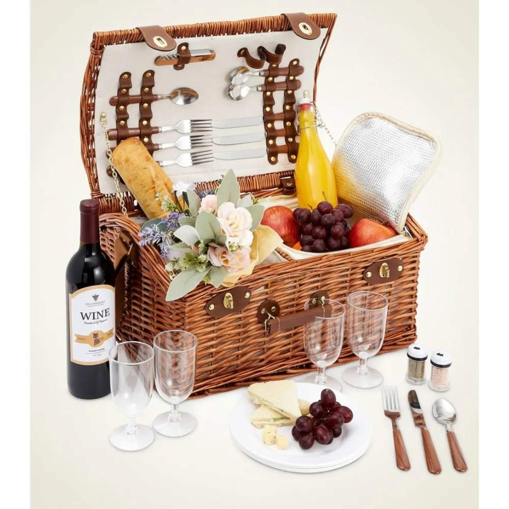 

Classic Wicker Picnic Basket Set for 4 - Complete with Cooler Bag, Dishes & Utensils | Portable Outdoor Dining