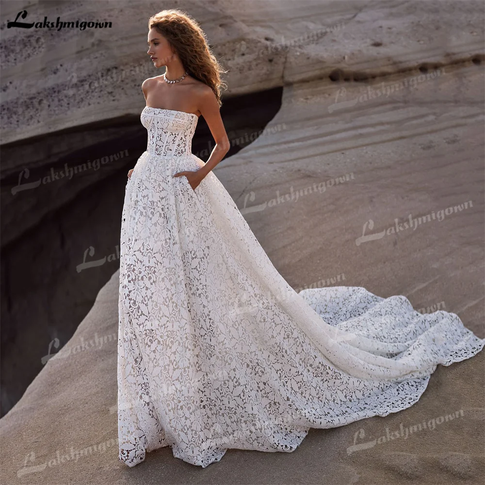 Lakshmigown Deep V Neck Appliques Summer Style Wedding Dress For Woman Backless Floor Length Sweep Train Bride Of Wedding Gown