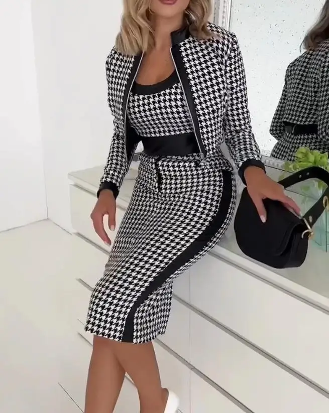 Houndstooth Printed Tank Top and Short Skirt Set with Zipper Fly Jacket New Fashion 2023 Best-Selling Women's Clothing