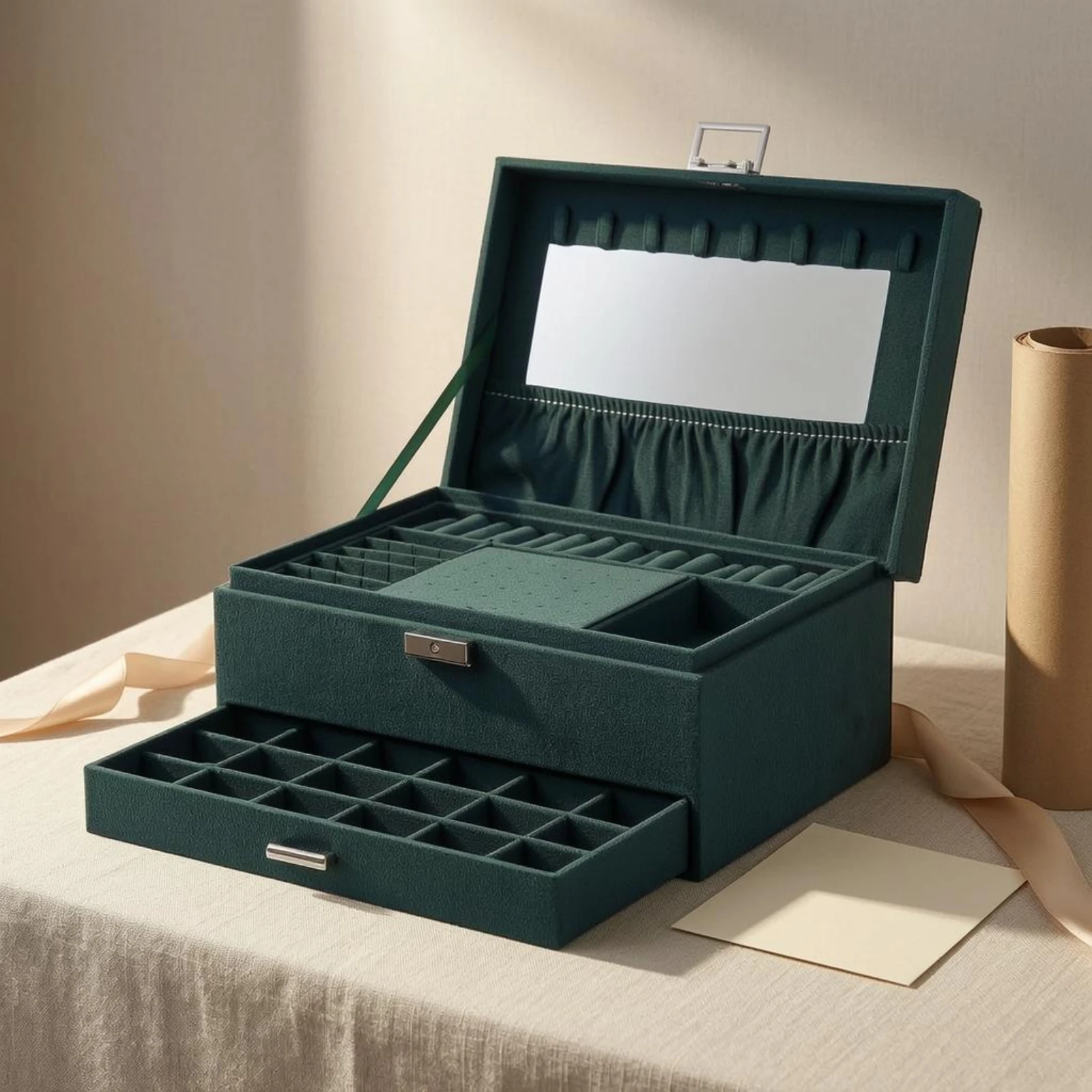 Velvet Jewelry Box Green Jewelry Box with Drawer Display Case Dustproof Stackable