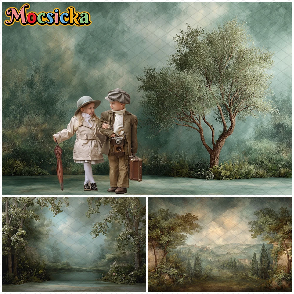 

Mocsicka Retro Abstract Backdrop Forest Oil Painting Green Tree Rural Fields Decorations Photography Background Banner Photocall