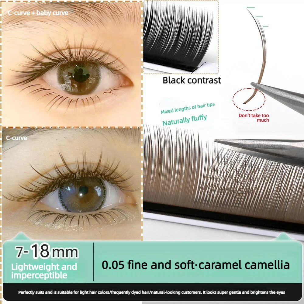 0.05 short, caramel-colored camellia lashes, fine and soft, L-shaped, manga fox-style, LC baby-like salon-use eyelashes