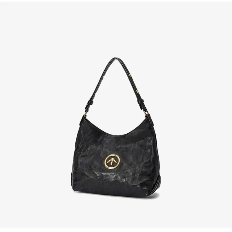 حقيبة يد جديدة من Grotto 2026 حقيبة يد محايدة للجنسين صغيرة من الحجر الأسود متجعدة حقيبة كتف كروس تحت الإبط سهم من الجلد الناعم