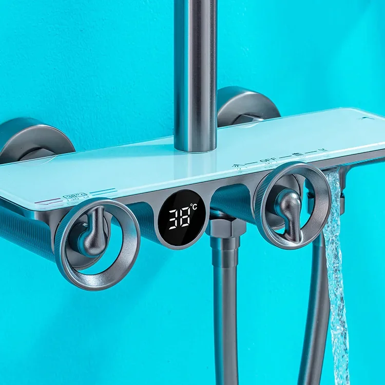 Hot Cold Wall Mounted Bathroom Led Rainfall Contemporary  High Pressure Water 4 In 1 Led Knob Handle Shower Set Italy Gun Grey