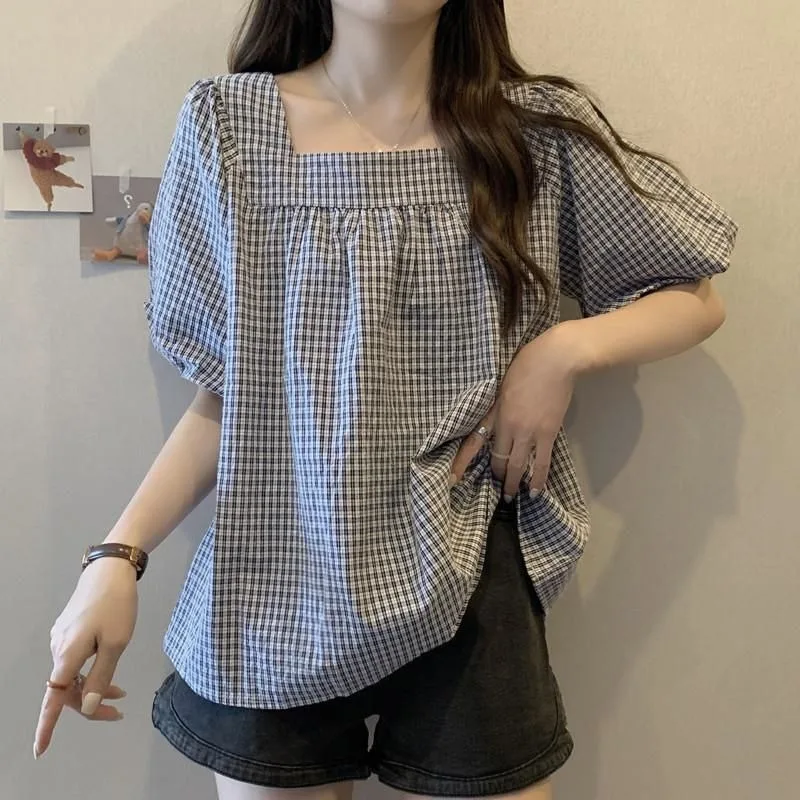 Women's Neck Puff Sleeve Blouse Summer Casual Loose Checkered TopsYY232