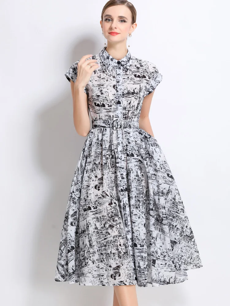 

Runway Fashion Summer Shirt A-Line Dresses for Women Short Sleeve Print Vintage Dress Casual Holiday Vestidos With Belt