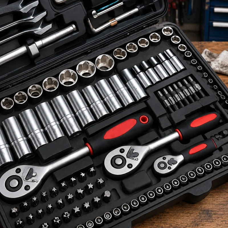 46-Piece Socket Set in Chrome Vanadium Steel with Ratchet, Extensions, and Portable Case for Car and Home Repairs