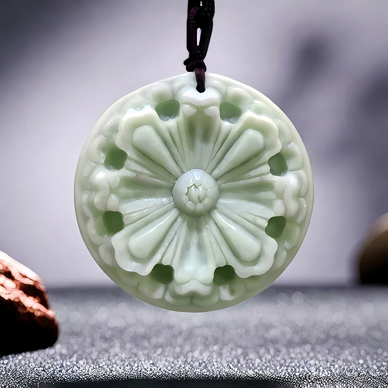 

Natural Real Jade Flower Pendant Necklace Amulet Gifts for Women Men Accessories Chinese Carved Jewelry Fashion Gemstones