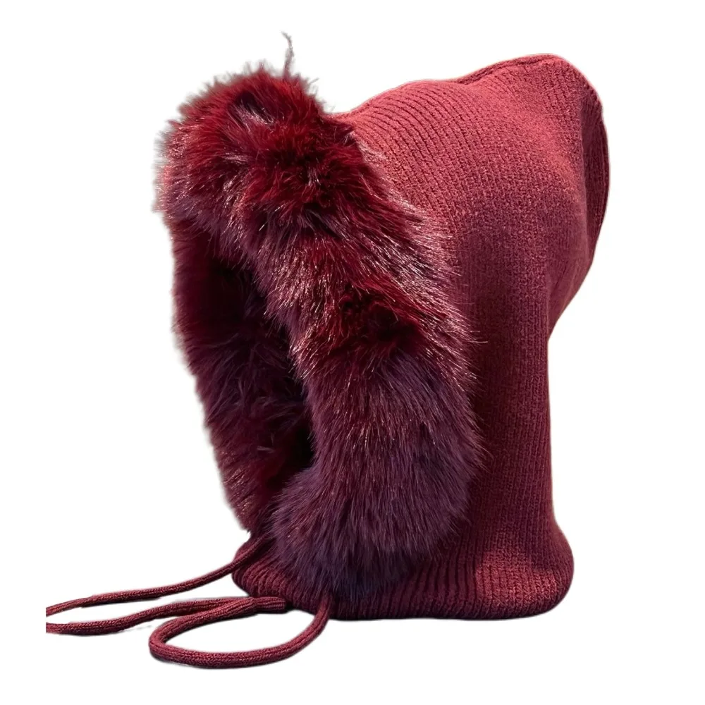 Versatile Balaclava Hat Imitation Mink Wool Integrated Neck Guard Knitted Hat Drawstring Design Cold-proof Pullover Hat