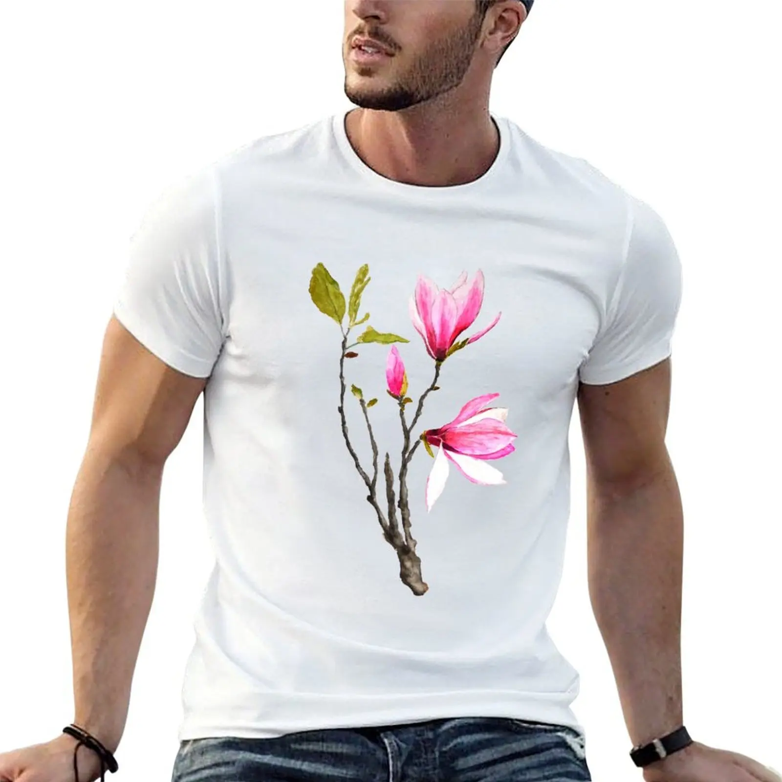 

t T-Shirt cotton pink shirt man cotton shirt watercolor magnolia pack t flower man t shirt cotton