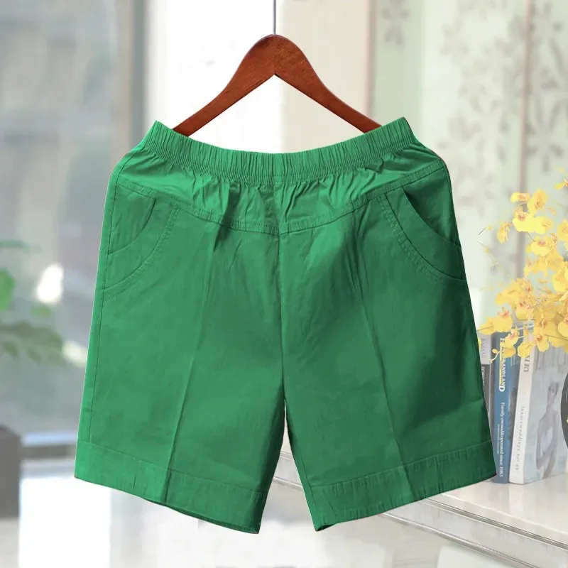 

Elderly Women Elastic High Waist Loose Straight Cotton Bermuda Shorts For Mom Summer Daily Wear