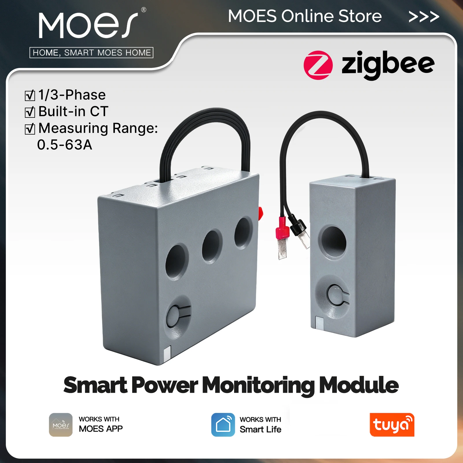 MOES Zigbee Smart Power Monitoring Module 1/3‑Phase 63A Energy Meter App Alarm for Home Electricity Consumption Monitor