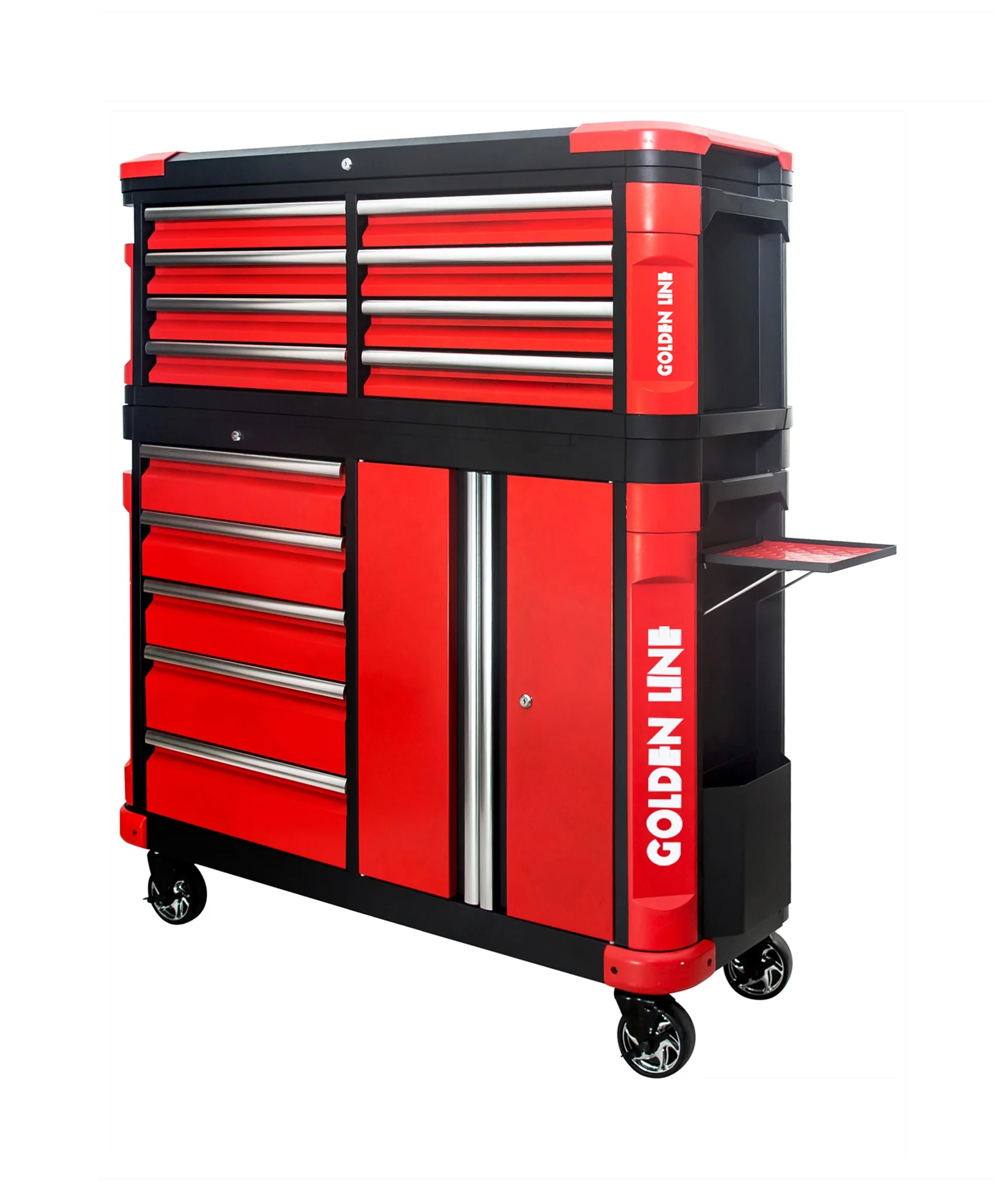 

Большой красный металлический шкаф для инструментов с выдвижными ящиками и боковым подносом для ящика для мастерской