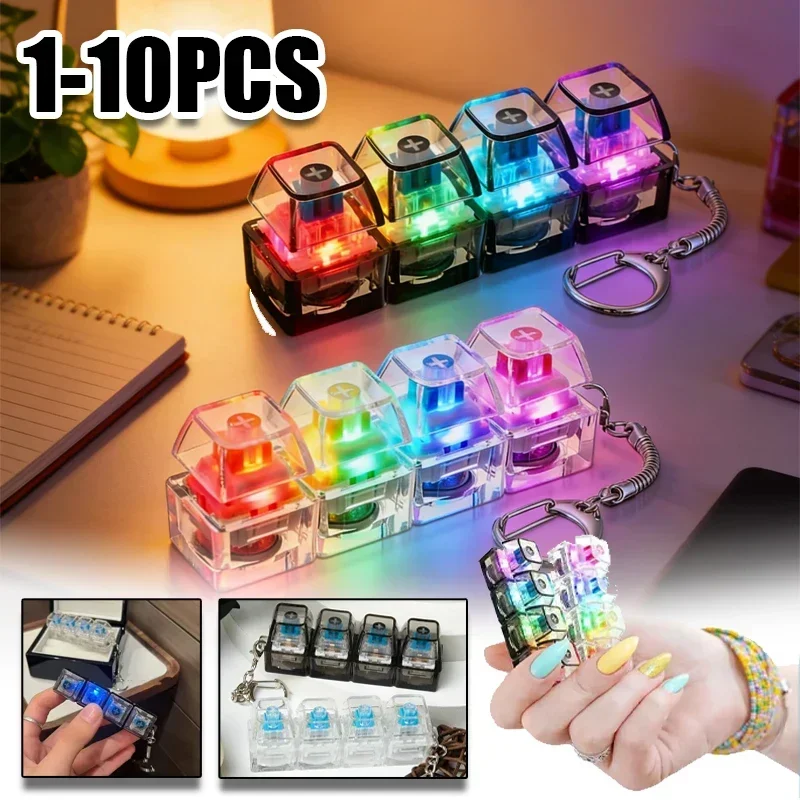 1-10PCS Keyboard Fidget Toys LED Crystal Keycap Keychain Stress Relief Fingertip Gadget Decompression Toys Clicker Fidget Toy