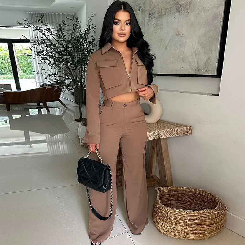 الصلبة خمر رياضية غير رسمية المرأة 2 قطعة الزي جيب كم طويل البريدي سترة علوية وسراويل البضائع مطابقة مجموعات Sweatsuits #1