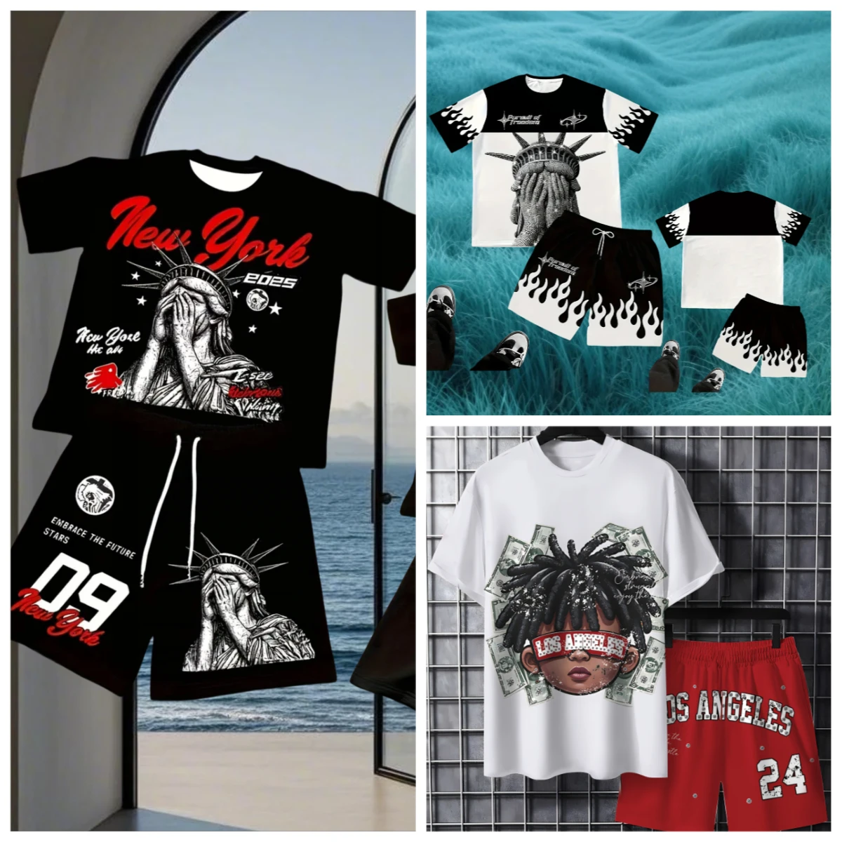 

Men's 2-Piece Letter-printed Crew Neck Short-sleeved T-shirt and Shorts Set Light Breathable for Summer Trendy Street Style Wear