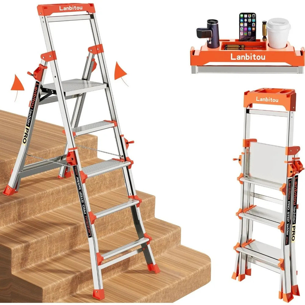 Ladder, Aluminium 5 Treden Ladder Met Leuningen, Antislip Breed Pedaal, Gereedschapsplatform, Opklapbare Opstapladder Voor Trappen