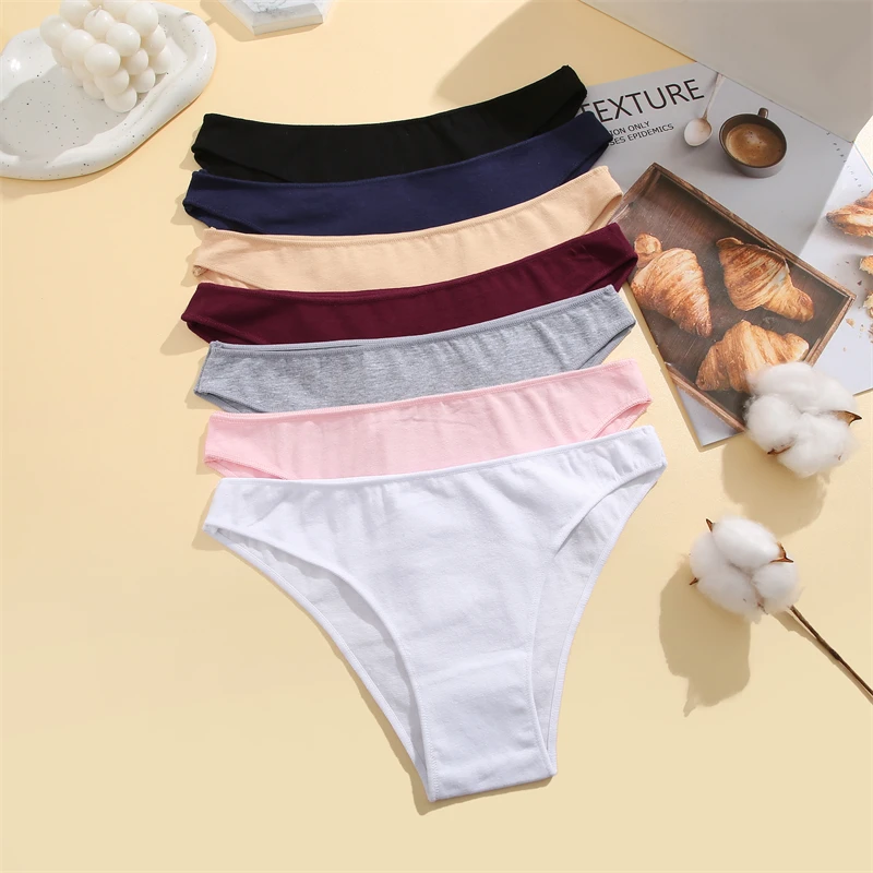 FINETOO 7Pcs/Set Women Cotton Panties Plus Size Underwear Female Sexy Solid Color Low Waist Briefs Breathable Lingerie M-2XL New