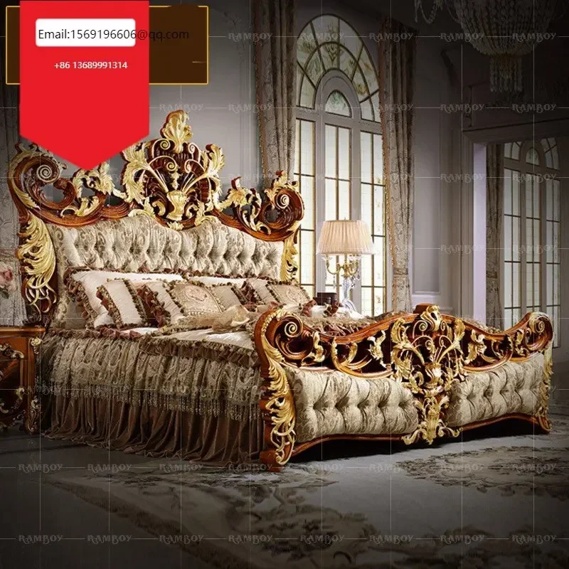 

Italian luxury court furniture European solid wood carved double French noble bedroom king bed