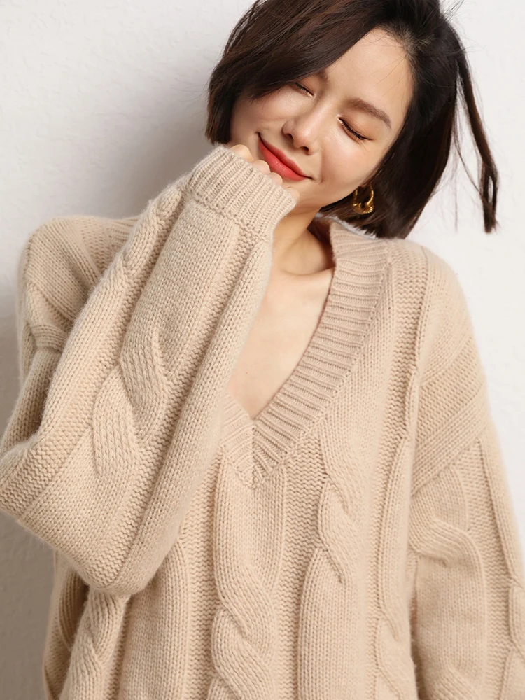 

Women Loose Sweater V-neck Pullovers 100% Cashmere Knitwear Thick Twist Flower New Arrivals Vintage Tops Autumn Winter Clothing