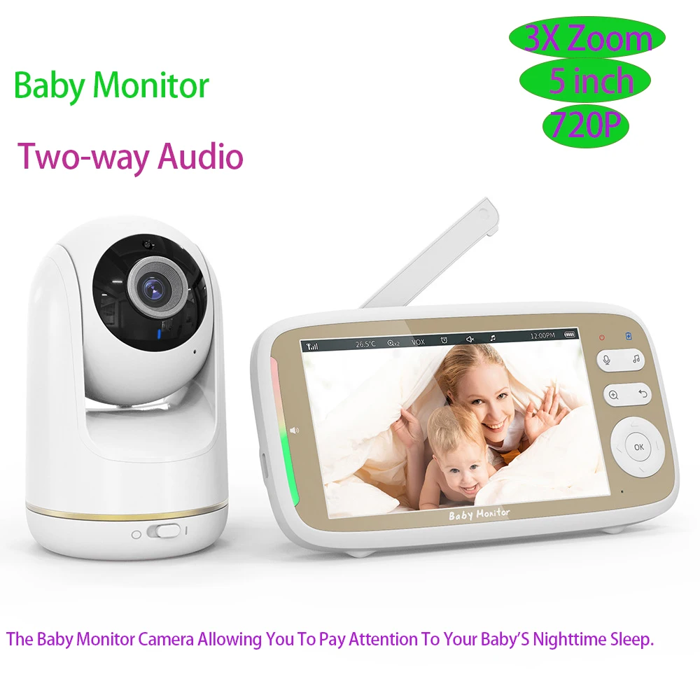 

Baby Monitor 5.0-inch 720P Display 330°Pan 135° Tilt 3X Zoom Camera Two-way Audio Night Vision Babysitter Camera Lullaby Vb803