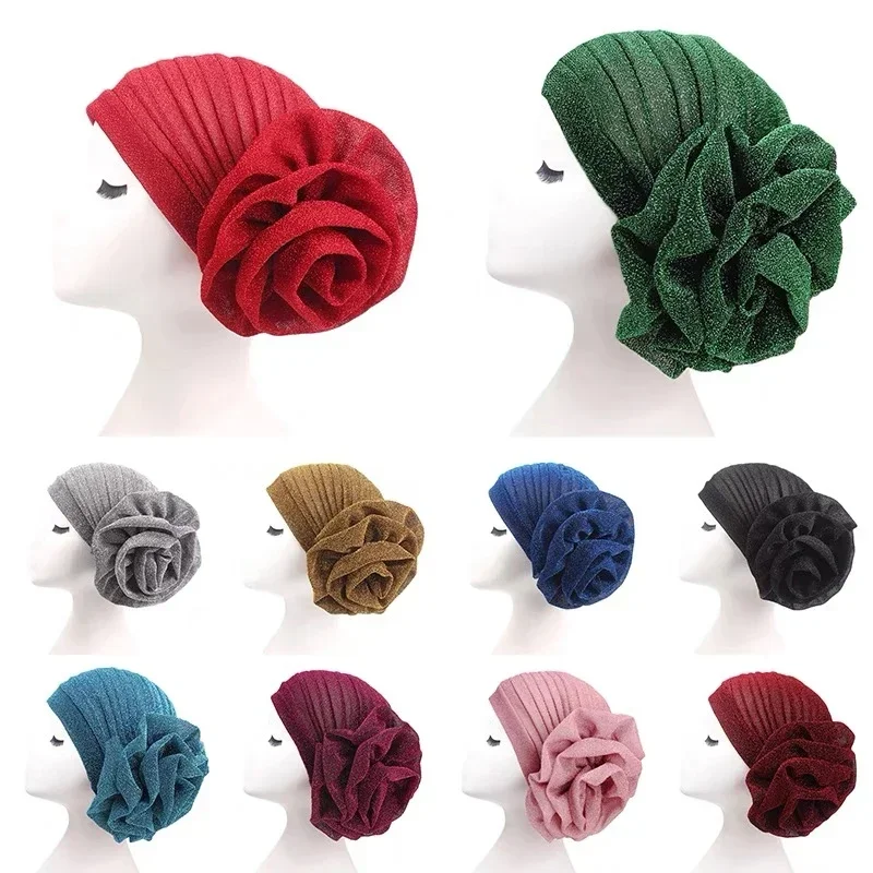 Women New Large Flower Stretch Scarf Hat Ladies Elegant Bright Silk Bright Silk Hair Rose Wrinkles Hat Women Turban Bandana